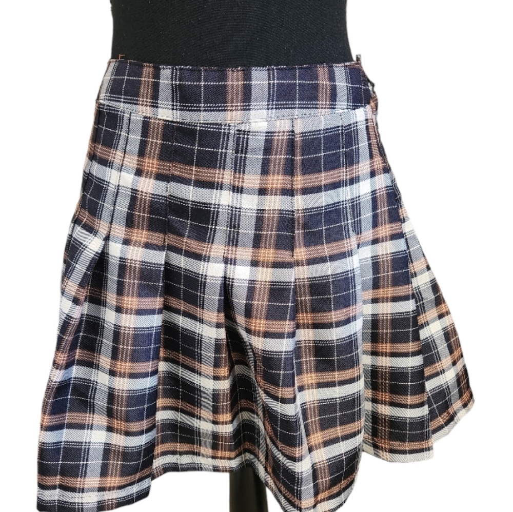 HESPERUS plaid pleated schoolgirl mini skirt navy blue tan white size large